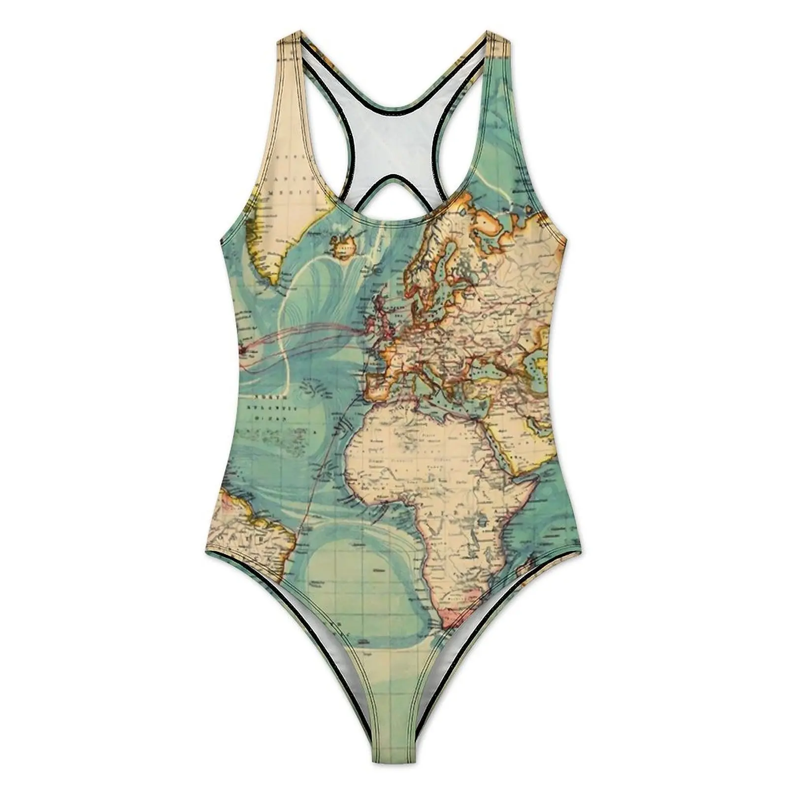 World Map Swimsuit Sexy Vintage Map of The World 1883 Lady Swimwear One Piece Simple Swimsuits Beach Push Up Sleeveless Monokini