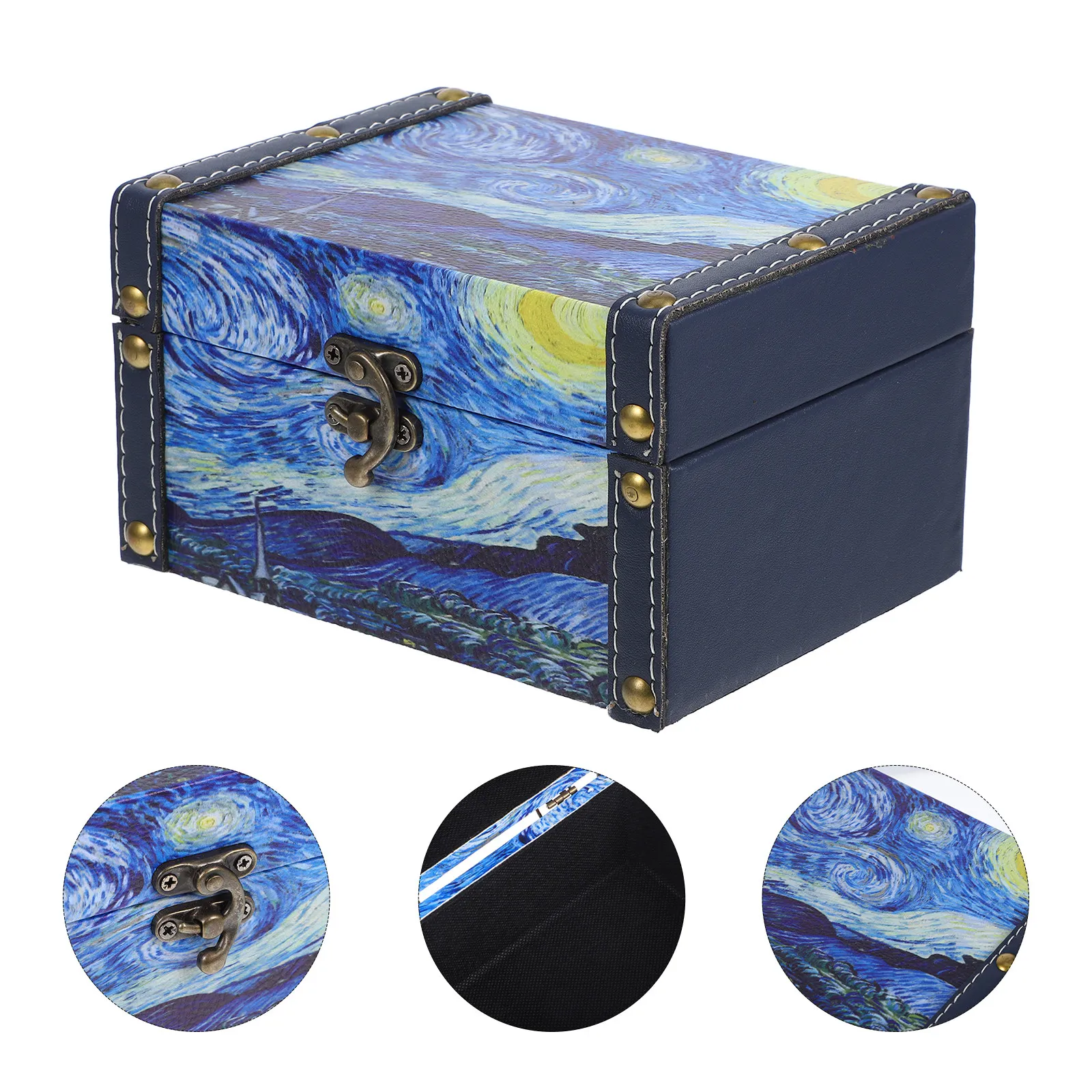 Wooden Jewelry Storage Box Oil Painting Pattern Retro Desktop Organizer for Rings Bracelets Earrings Keepsake Treasure Chest