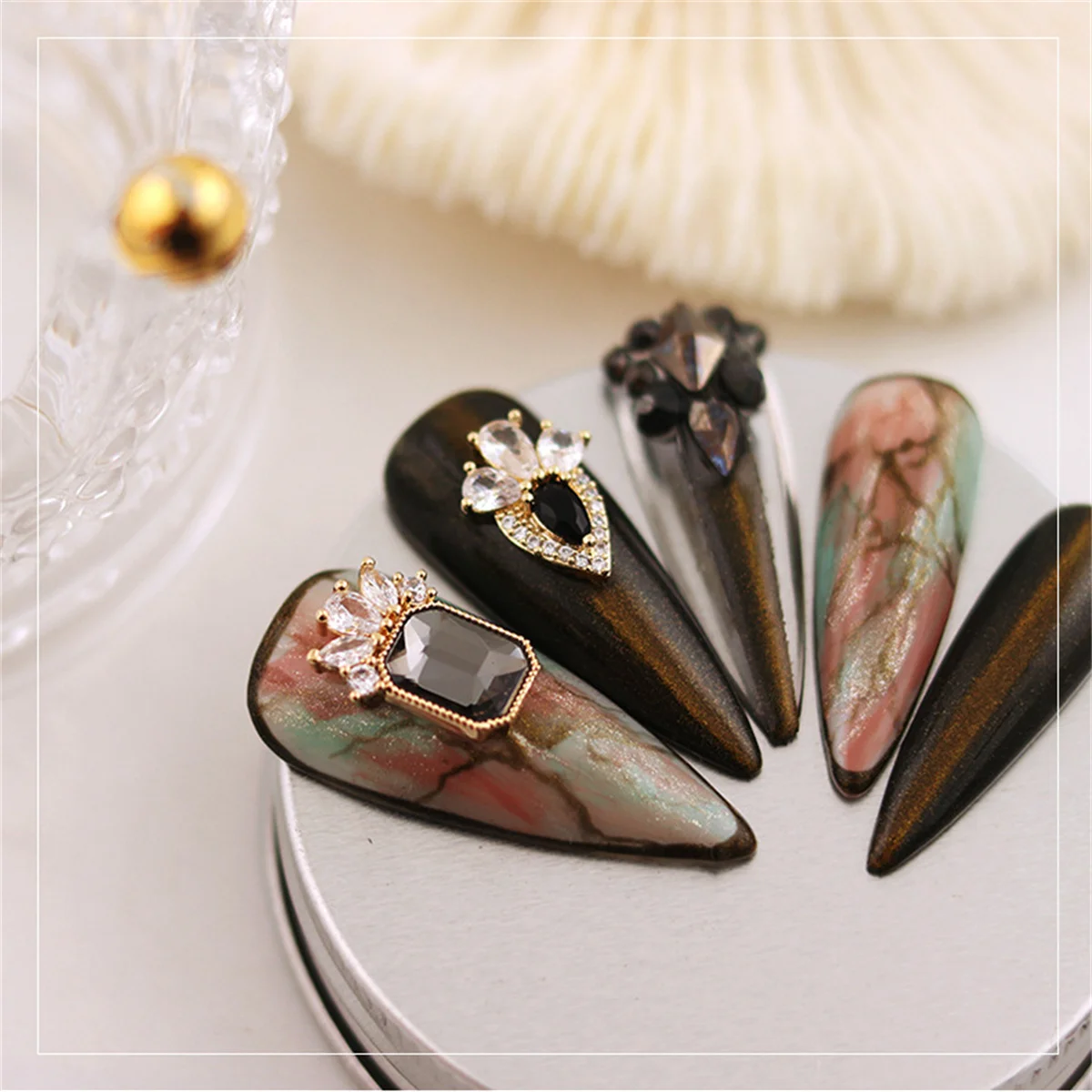 5PCS Random Black Gothic Punk Zircon Nail Art ,Luxury Charms 3D Alloy Fashion Exquisite Crystal Rhinestones Nail Decorations DIY