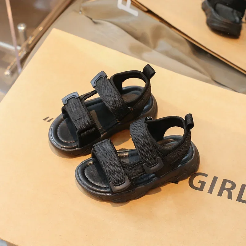 Boys Sandals Open Toes Soft Sole 2025 Summer New Kids Beach Shoes Soild Color Trendy Children Sports Sandals Hook&loop Non-slip