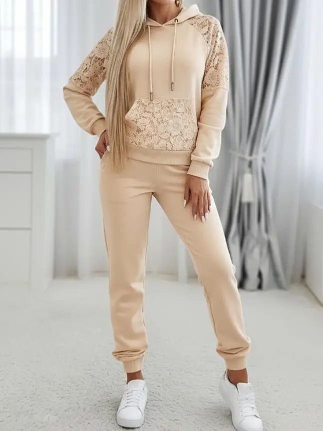 

Fashion Women's 2-Piece Set Spring New Collection Solid Color Crochet Lace Splicing Perspective Hoodie Leg Tight Pants Set