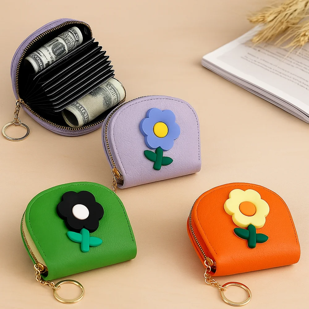 11 Slots Mini Organ Card Holder Flower Design Portable Cartoon Flower Card Bag Multipurpose Compact Multi-slot Change Purse