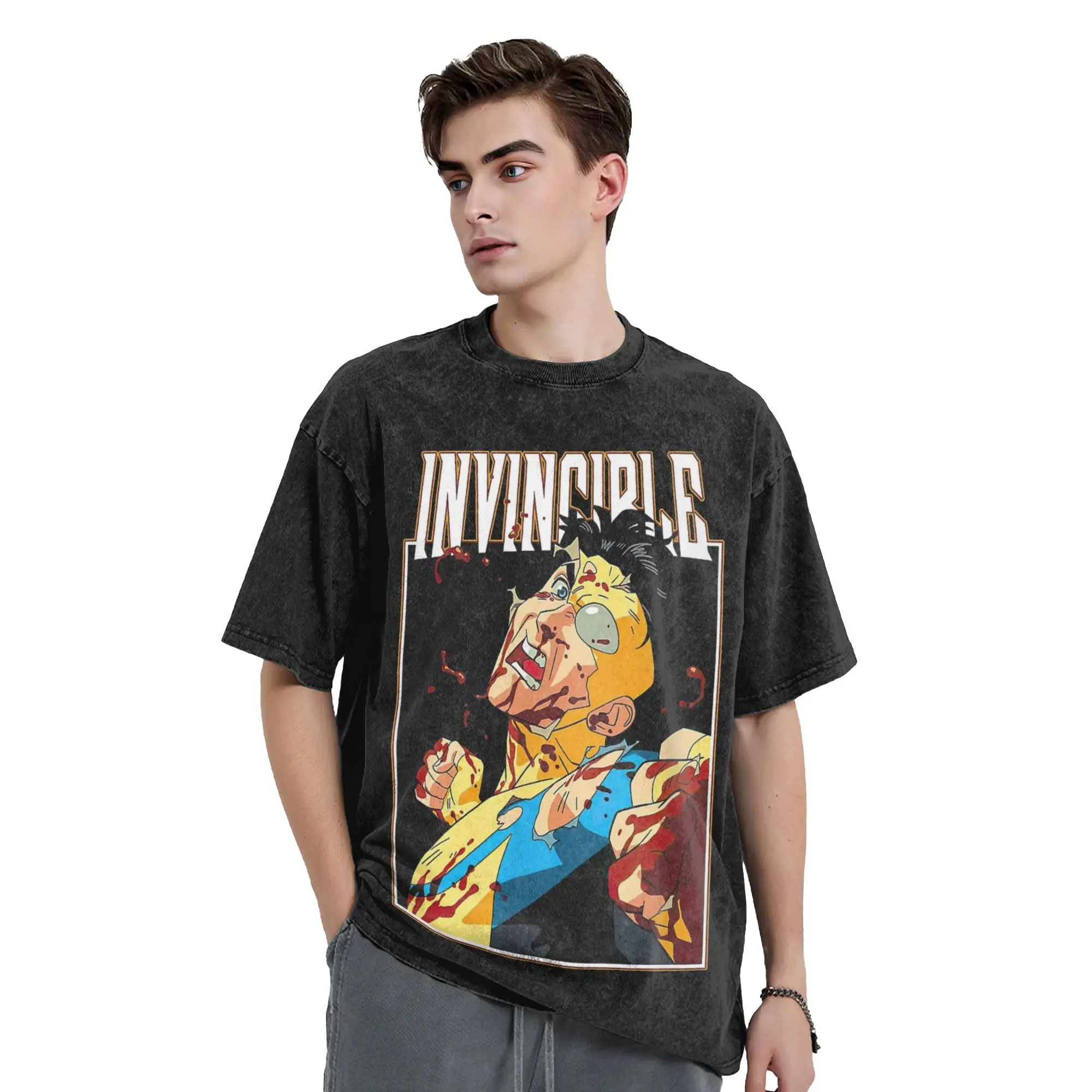 Invincible Battle Damaged Mark Washed T Shirts Streetwear Retro T-Shirts  Tees Men Women Short Sleeve Oversize Summer
