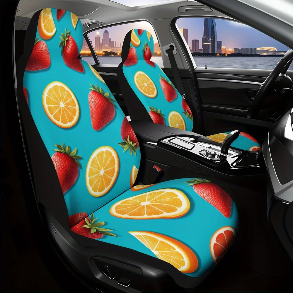 

2pcs, Strawberry Citrus Bliss Print Decorative Car Seat Covers, Comfortable Washable Material, Universal Fit Adds Elegant Fashio