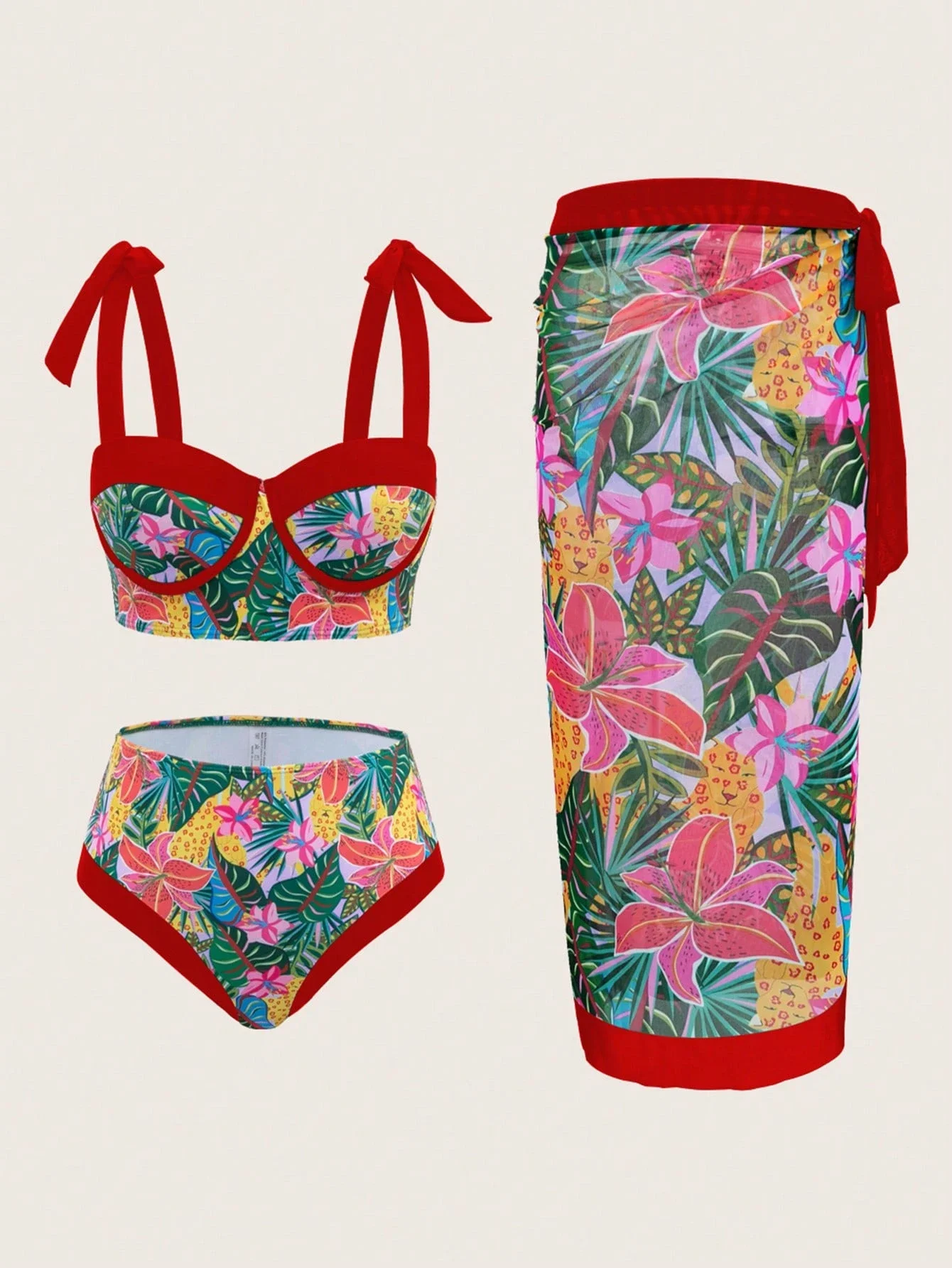 

Tropical Print 3-Piece Women’s Beach Set: Tie-Strap Top, High-Waist Bottom, And Wrap Skirt For Summer Holiday