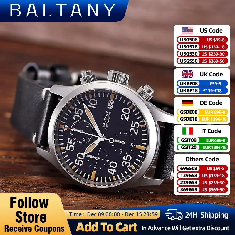 Baltany Retro-Quarz-Chronographenuhr VK67, 39 mm Zifferblatt, 10 ATM wasserdicht, Kalenderfenster, Multifunktions-Armbanduhr im Militärstil