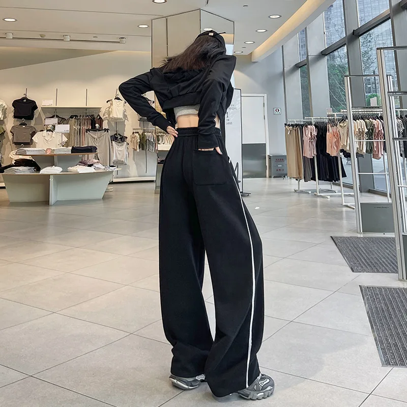 

Side Stripe Wide Women Autumn Winter 2025 New Lazy Style High Waist Loose Slimming Straight Leg Sports Casual Pants