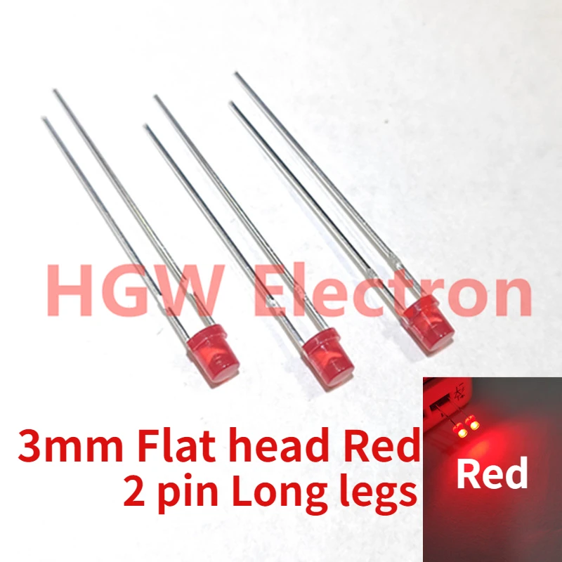 100pcs 3mm Flat head Red Long legs LED light-emitting diodes F3 cylindrical Flat head colloid Red Indicator light LED 2 pin