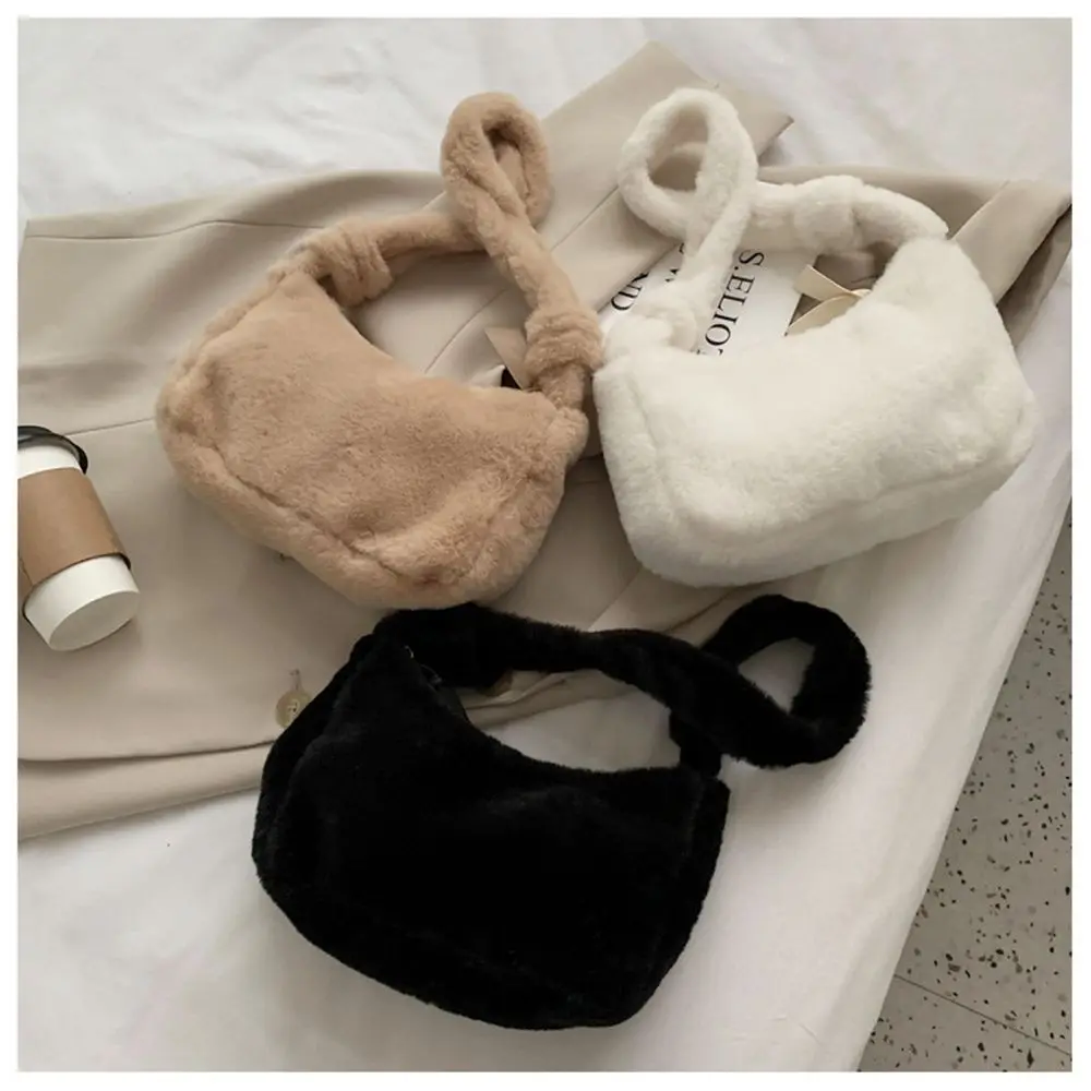 Fashion Women Mini Shoulder Bags Female Winter Plush Underarm Bags Solid Color Fluffy Tote Bags Small Purses