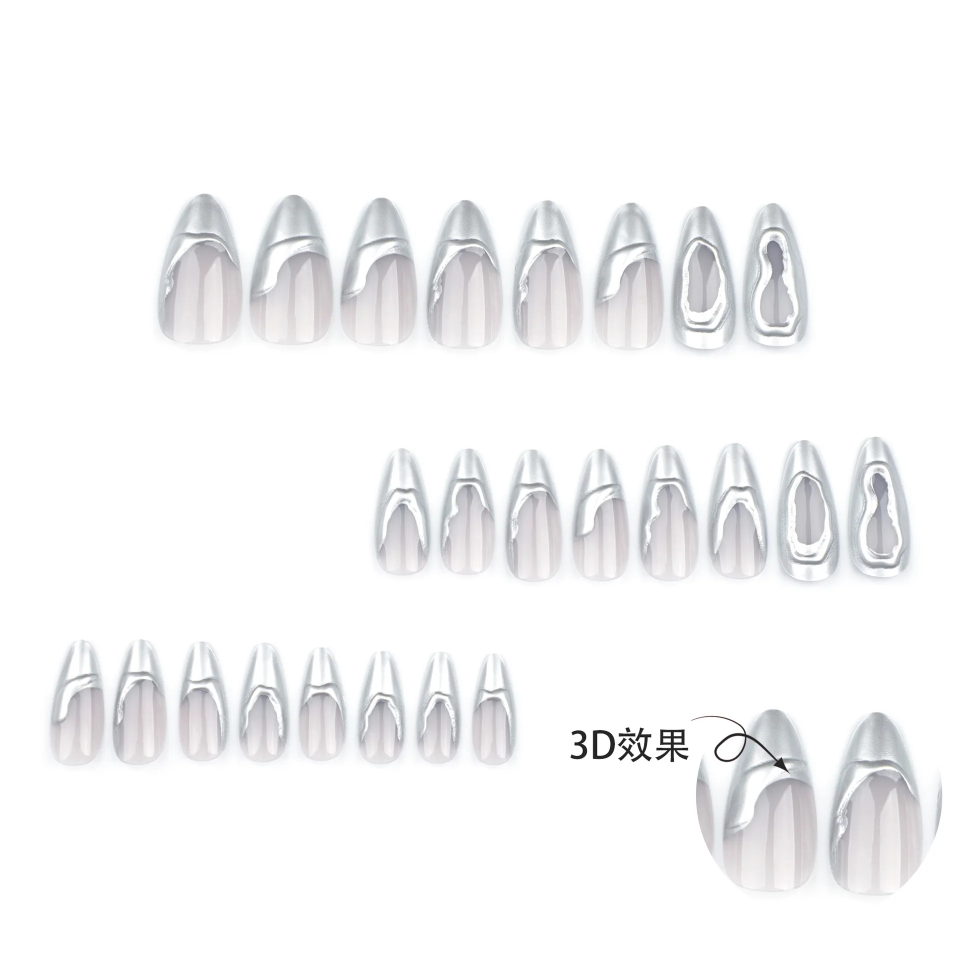 French Silver Mirror False Nails Wearable 3D Water Ripple Fake Nails Press On Nails Long Almond y2k Nails Punk Style Full Cover