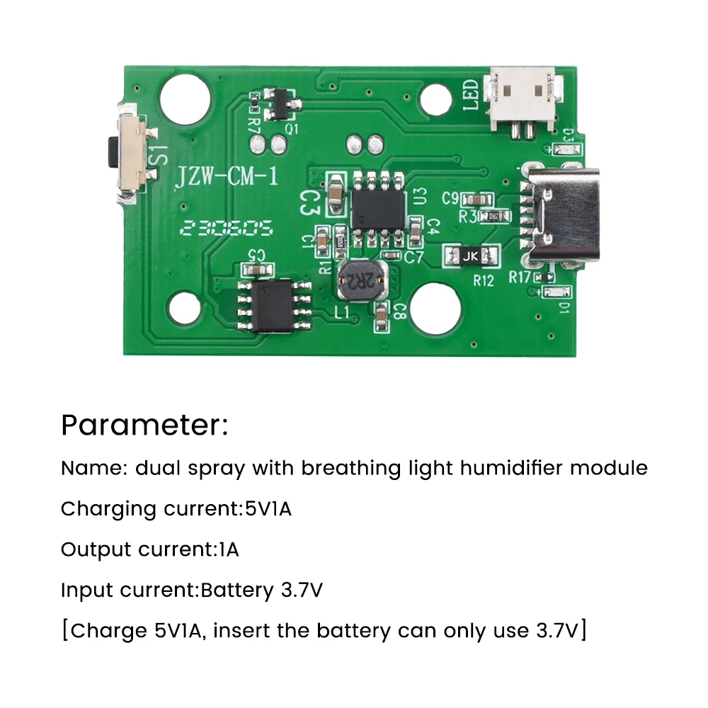 Type-C Ultrasonic Large Mist Dual Spray Atomization Board With Breathing Light Humidifier Accessories Drive Circuit Board DC5V