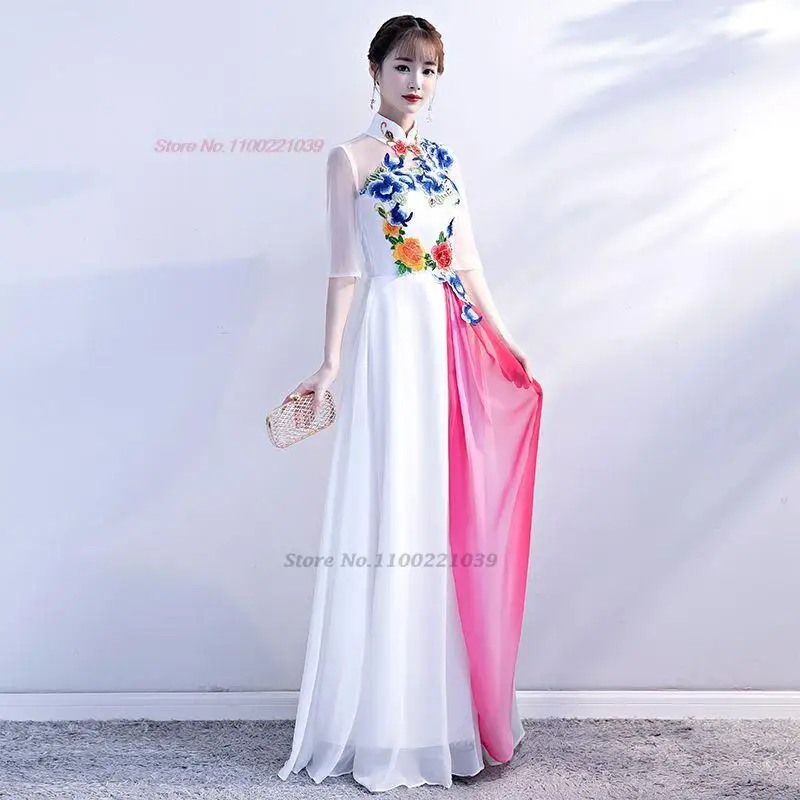 2024 chinese improved qipao dress mandarin collar improved cheongsam flower embroidery evening banquet qipao folk dress qipao