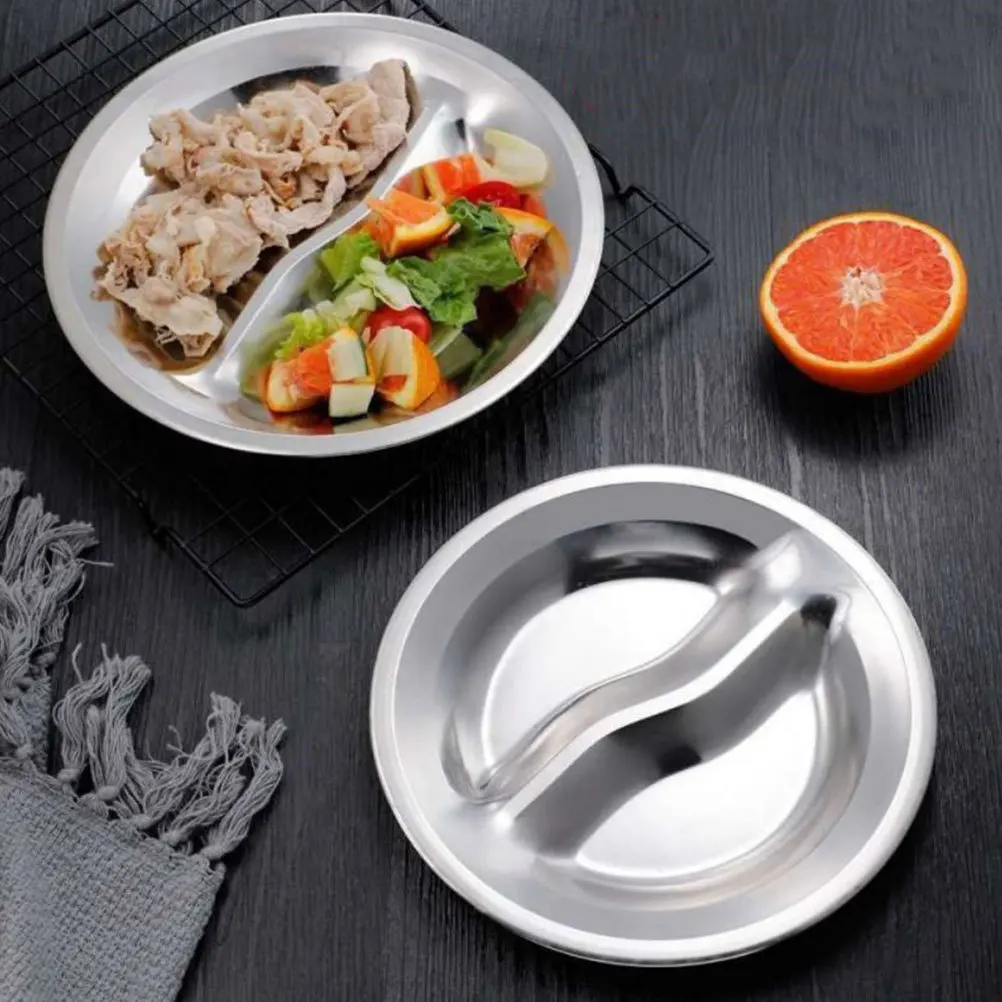 

4Pcs Stainless Steel Round Dual-Grid Seasoning Dishes for Home Barbecue Kitchen Condiment Plates Multi-Grid Sauce Saucers