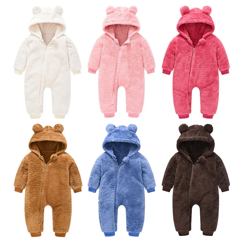 

Kids Loungewear Boys and Girls Winter Fashion Coral Plush Hooded Warm Jumpsuit Crawling suit 0-3 Year Old new Children' Clothing