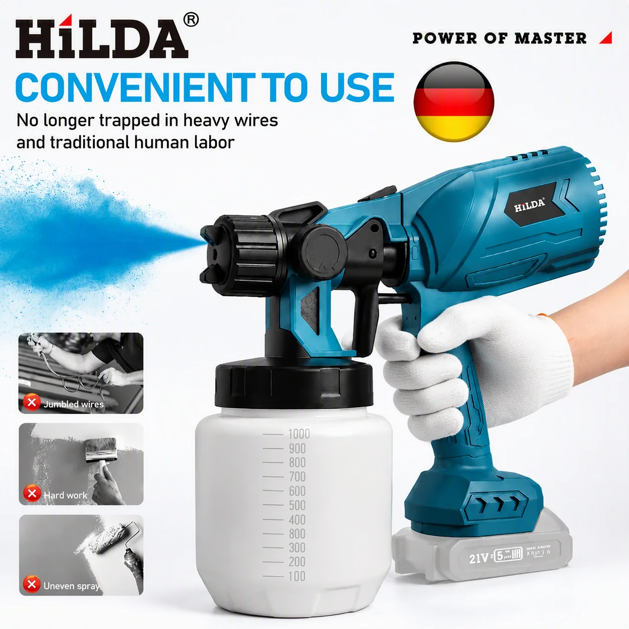 hilda-1000ml電動塗装機スプレーガン-3種類のスプレーパターン-流量調整機能付き-家庭用家具-壁塗装-マキタバッテリー対応