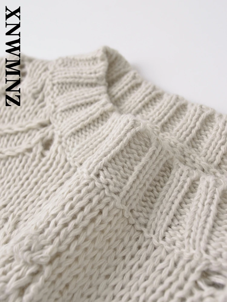 XNWMNZ-Pull évidé en tricot pour femme, haut à col rond, manches longues, vis filetée, décontracté, solide, document, mode féminine, automne, 2024