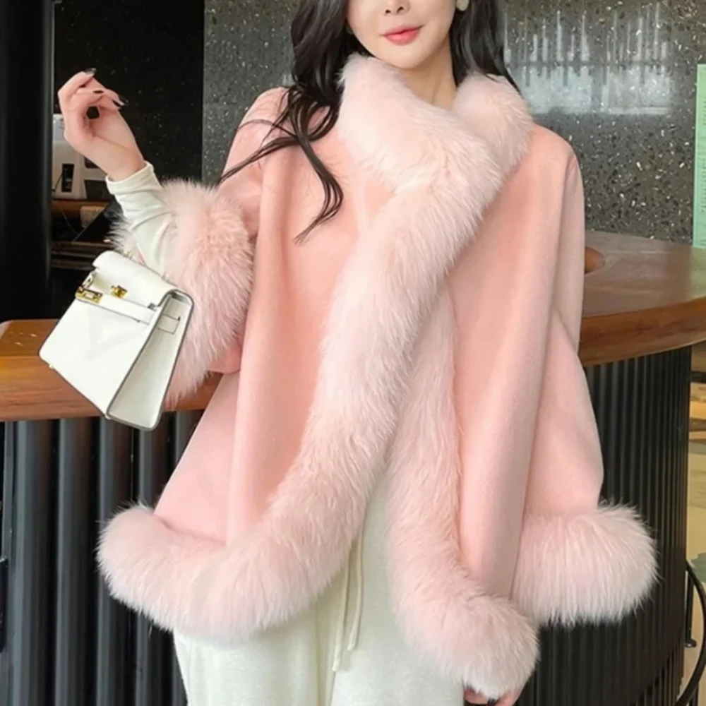 Elegant Real Fox Fur Collar and Cuff Casual Outerwear Women Autumn Long Sleeve Fox Fur Double Side White Woolen Cape Cloak Coat