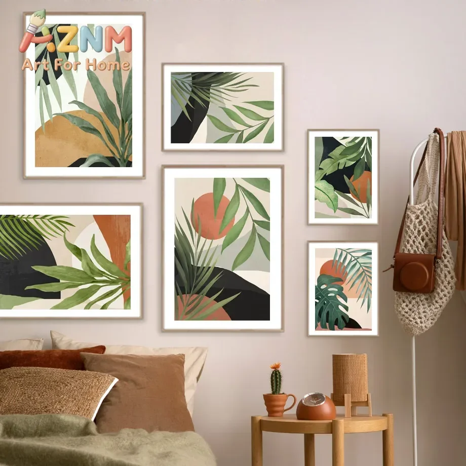 Boho Tropical Leaf Wall Art Abstract Monstera Palm Prints Neutral Green Beige Canvas Posters Modern Home Decor for Living Room