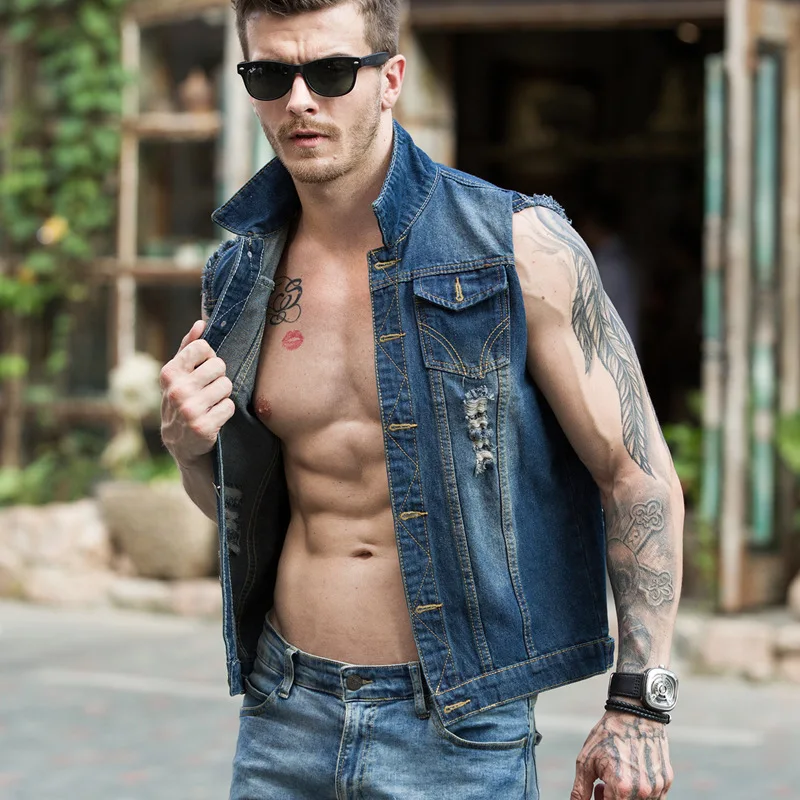 

Men's denim vest men's blue Korean jacket sleeveless large yards cowboy vest handsome tide vest for men 6XL 5XL