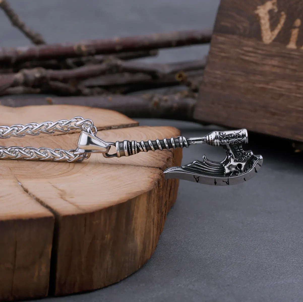 Nordic Vikings Axe Necklace Men's Stainless Steel Fashion Retro Hip Hop Biker Pendant Necklace Amulet Charm Male Jewelry Gift - view 2