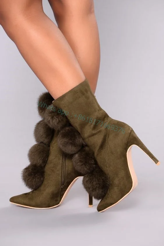 Luxury Mid-calf Fur Pointed Toe Sexy Boots Women Thin High Heel Thigh High Furry Suede Boots Party Lady Elastic Shoes Design