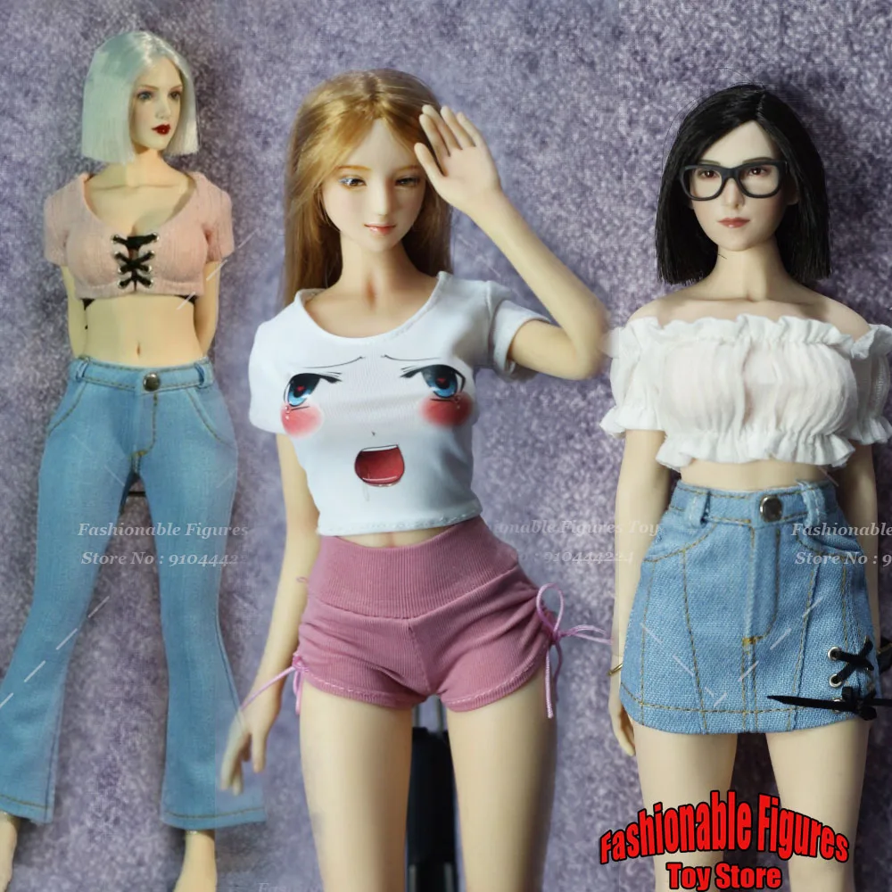 1/6 Women Soldier Slim Stretch Crop Tops Sweet Girls Print Shirt Jeans Hot Skirt Fit 12Inch Action Figure Body Model Toys