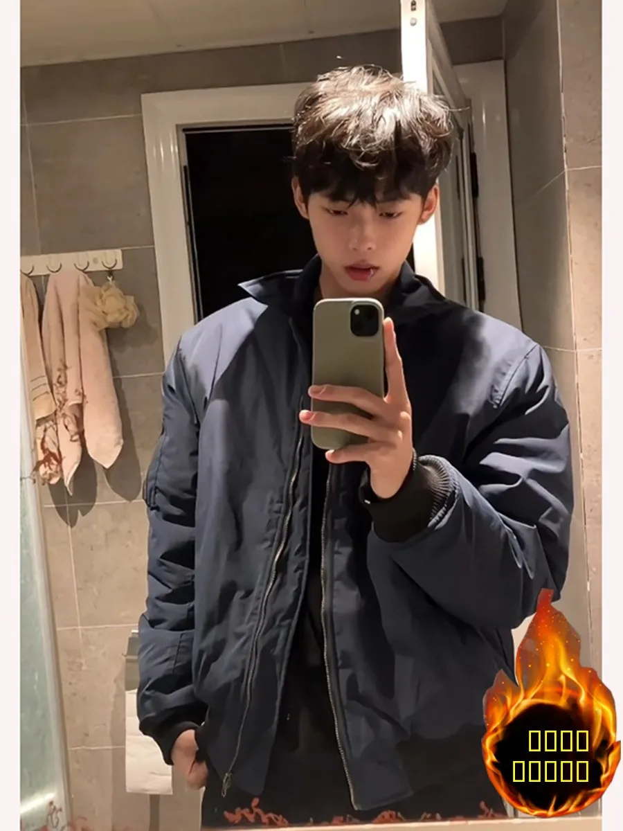 

Cotton Jaet Men's Winter Cleanfit Baseball Sle High Street Cotton Coat k Blue Collar Zipper Warm Thiened Long Sve