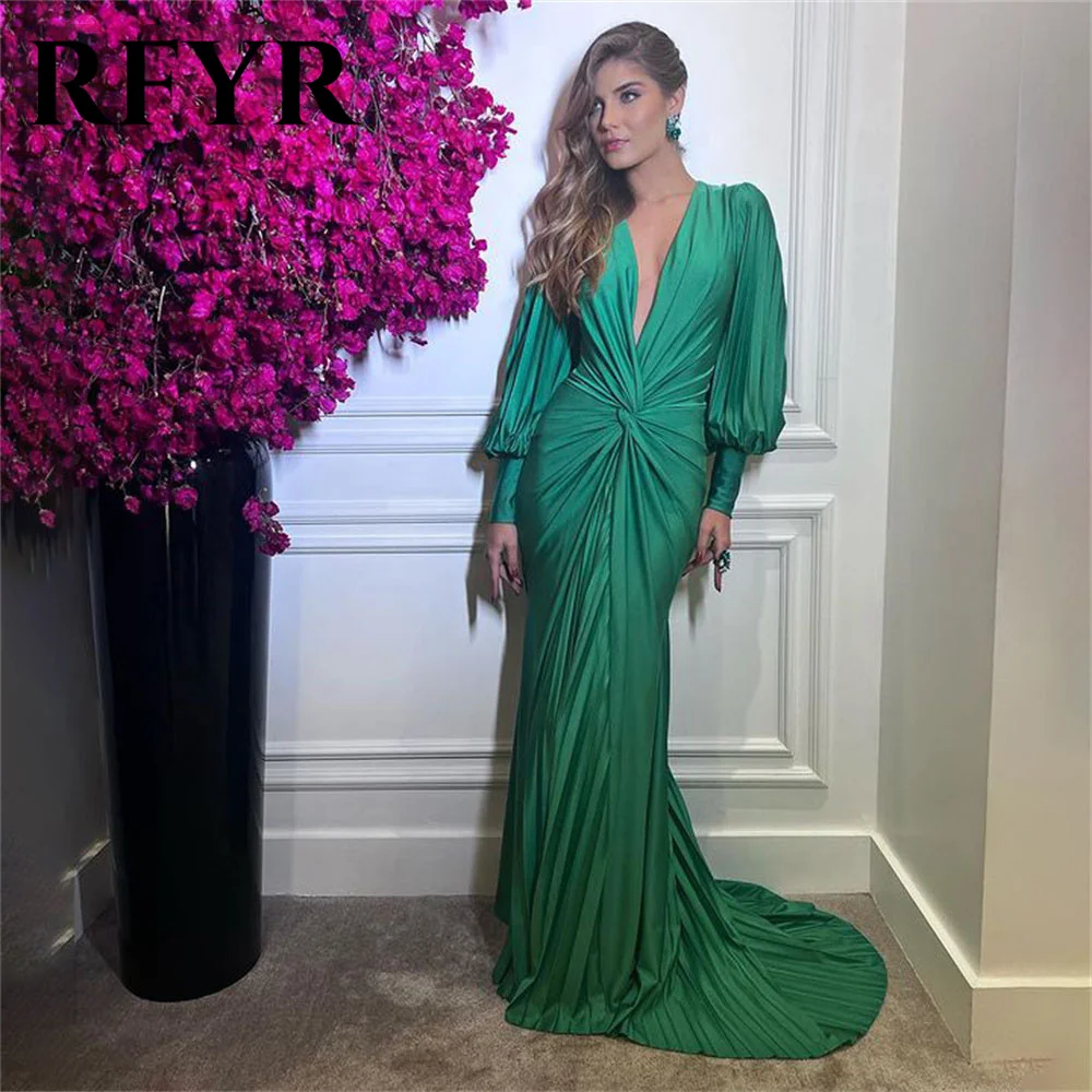 RFYR Mermaid Sexy Woman Evening Dress Gown Royal Blue Prom Gown Pleat Stain Pleat V Neck Night Dress Gown Plus Size Customized