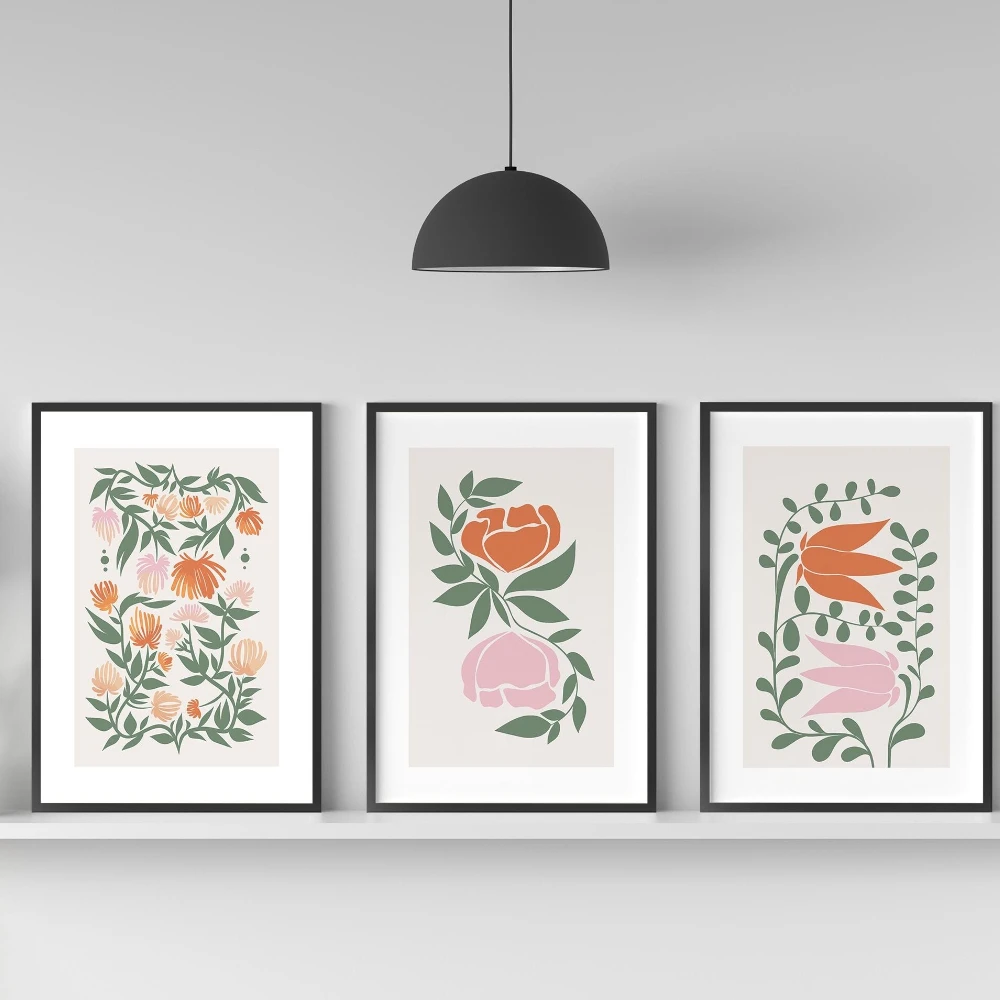 Set of 3 Abstract Flower Botanical Line Art Prints Boho Earth Tone Gallery Wall Minimalist Woman & Vase Decor Gift Poster