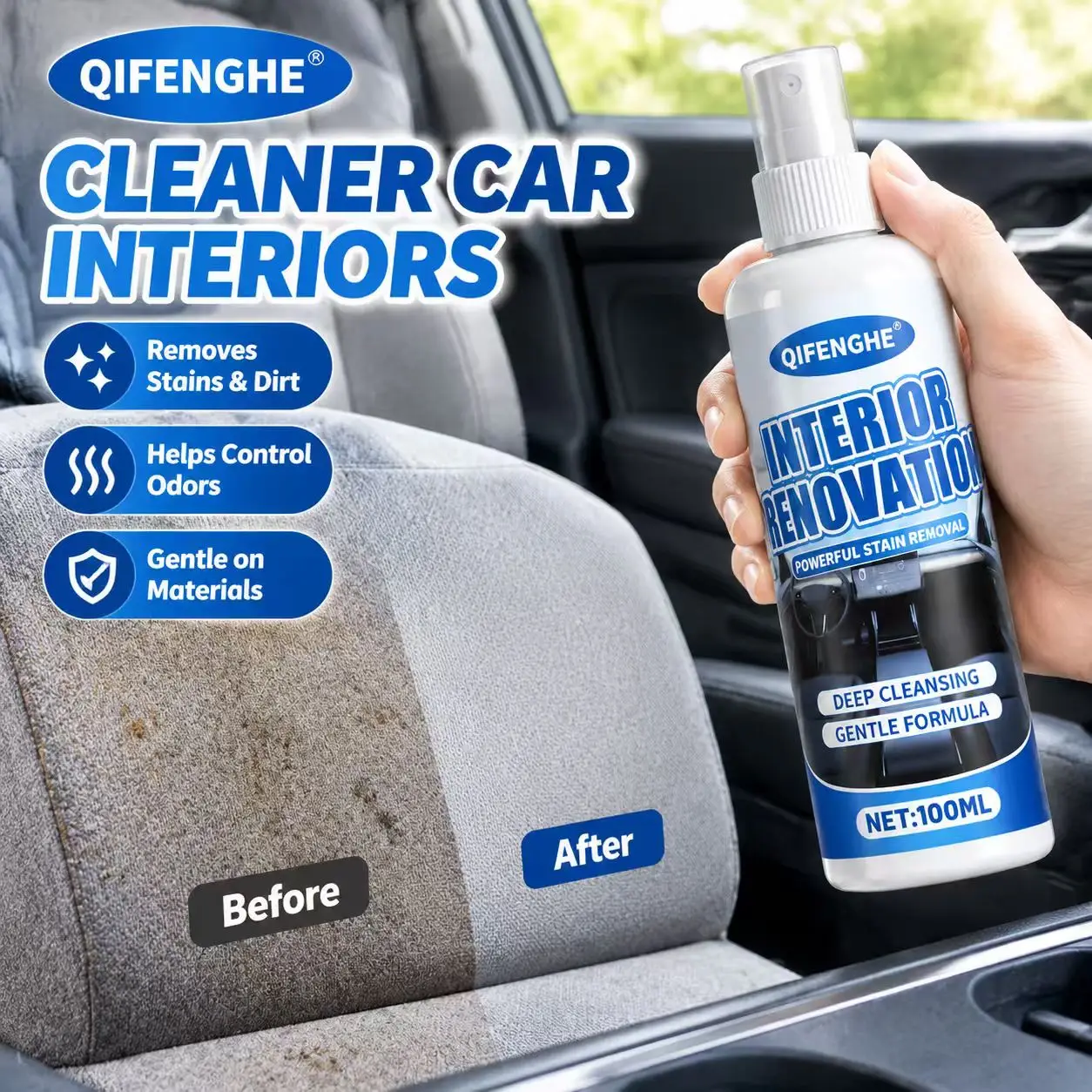 Car Interior Cleaner Spray 100ml - Powerful Stain Remover for Seats, Carpets & Door Panels, No Rinse