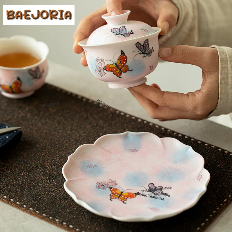 120ml Hand-painted Butterfly Gaiwan Boutique Tea Tureen Tea Bowl With Lid Kit Tea Maker Cover Bowl Cha Accessories Collection