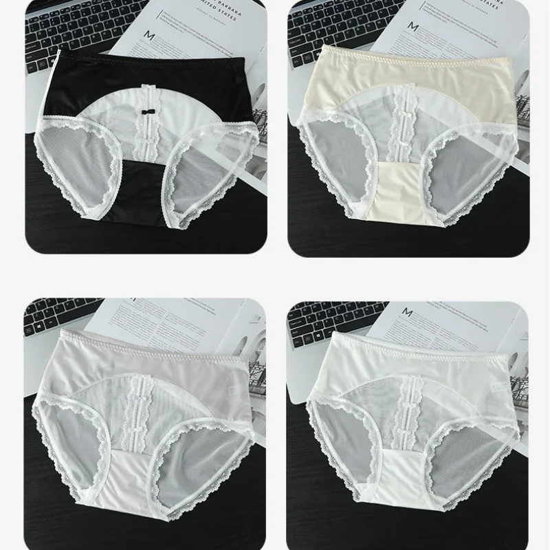 4Pcs/lot Underwears for Women New China Style Bowknot Hollow Mesh Sheer Plus Size 6XL Breathable Girls Female Panties Set