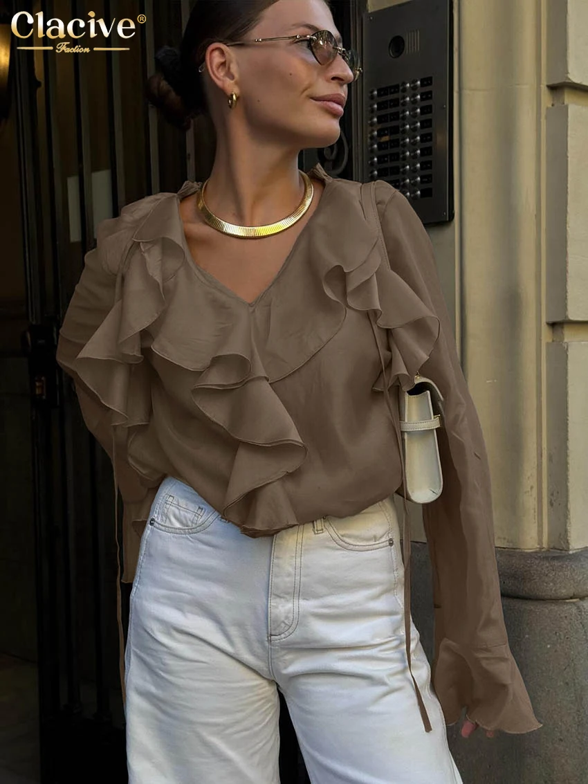 

Clacive Fashion Loose Brown Women's Shirt 2025 Sexy V-Neck Long Sleeve Shirts Elegant Classic Ruffles Solid Top Female Clothing