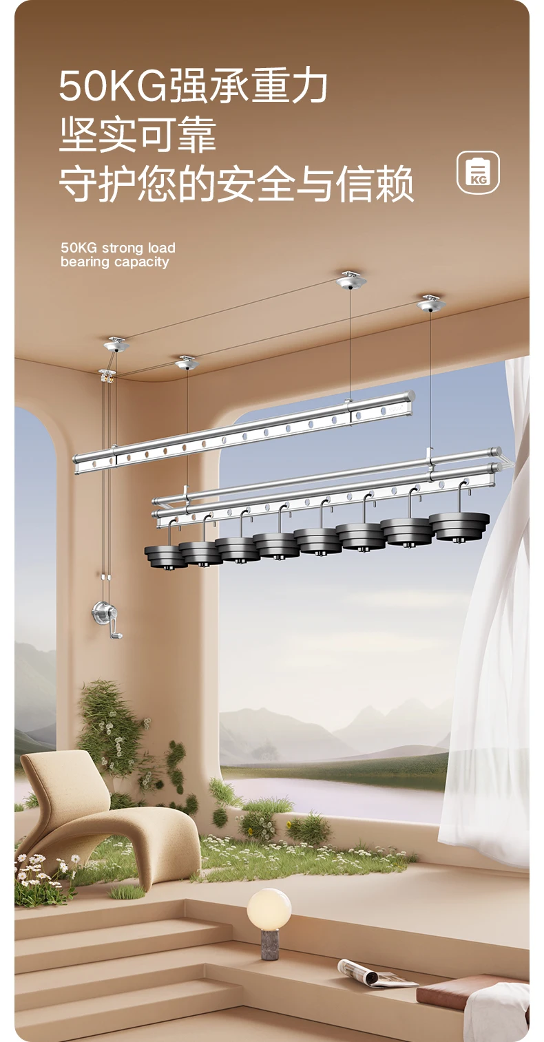 리프팅 건조 랙 발코니 핸드 크랭크 의류 건조 막대 상단 설치 자동 이중 막대 수동 건조 랙 냉각 인공