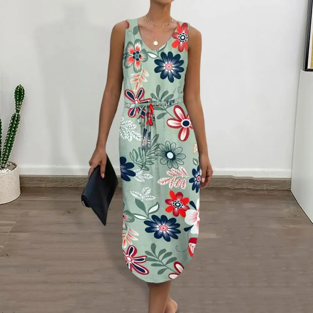 Zomer V-Hals Jurk Met Bloemenprint V-Hals Zonnejurk Slanke Taille Knielengte Midi Jurk Voor Vrouwen Elegante Zomer Mode Bloemen