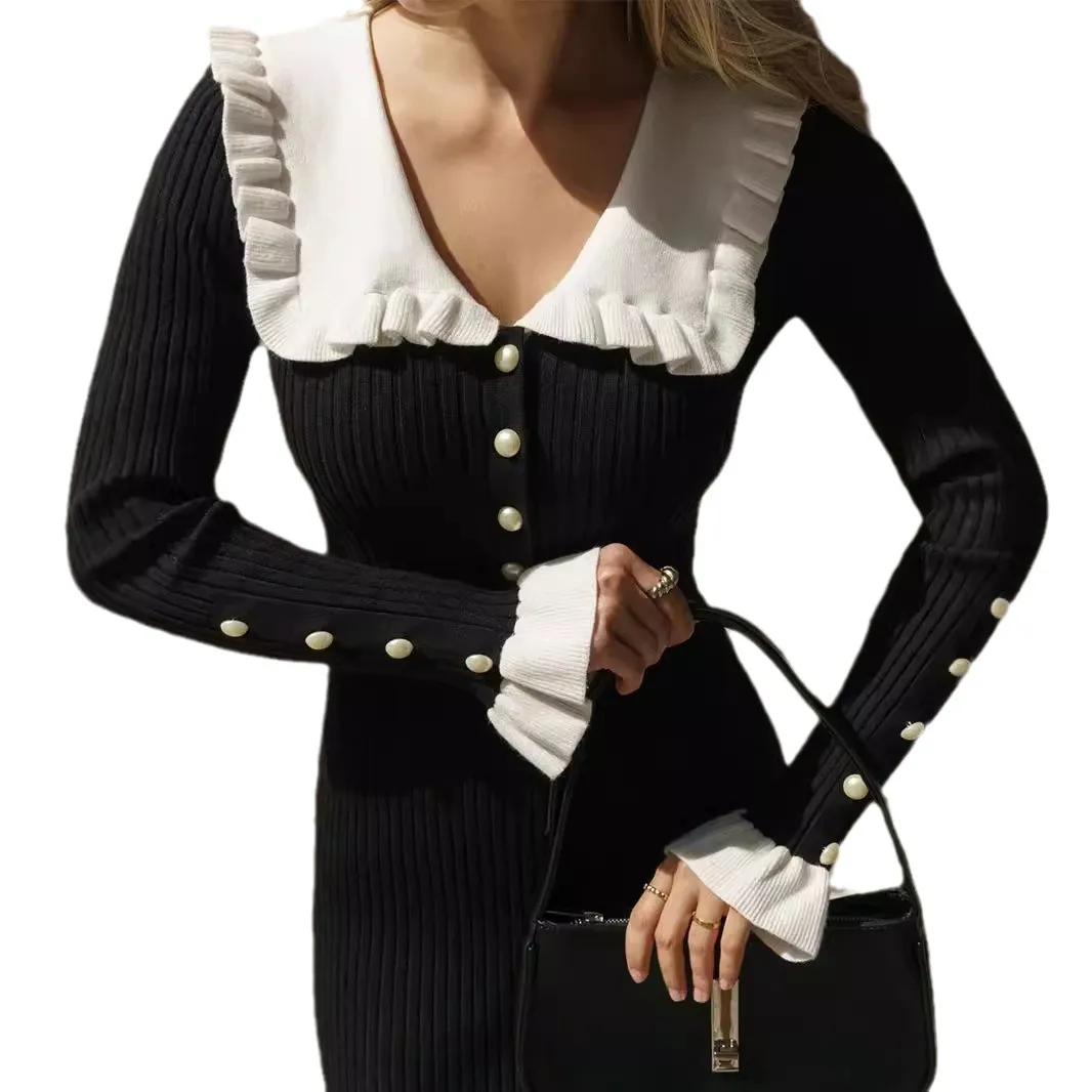 Europese en Amerikaanse jurk met ruches voor dames 2025, herfst en winter, nieuwe gebreide rok, Franse retro lange rok