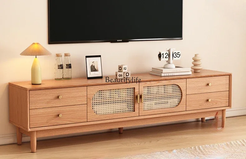 Log TV cabinet New living room household simple small apartment rattan TV cabinet