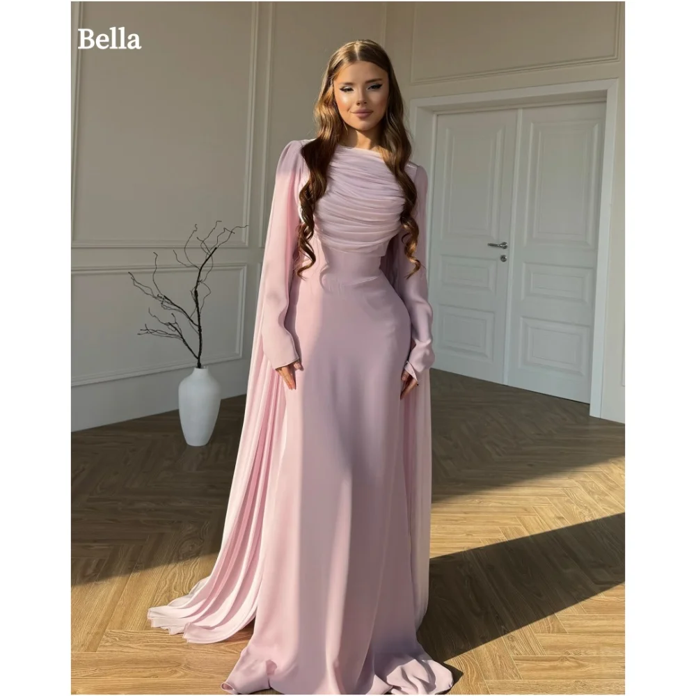 Bella Customized Pink With a Shawl Long Sleeves robes de soirée A-line Pleats Evening Dresses Floor-Length Wedding Dress 2024