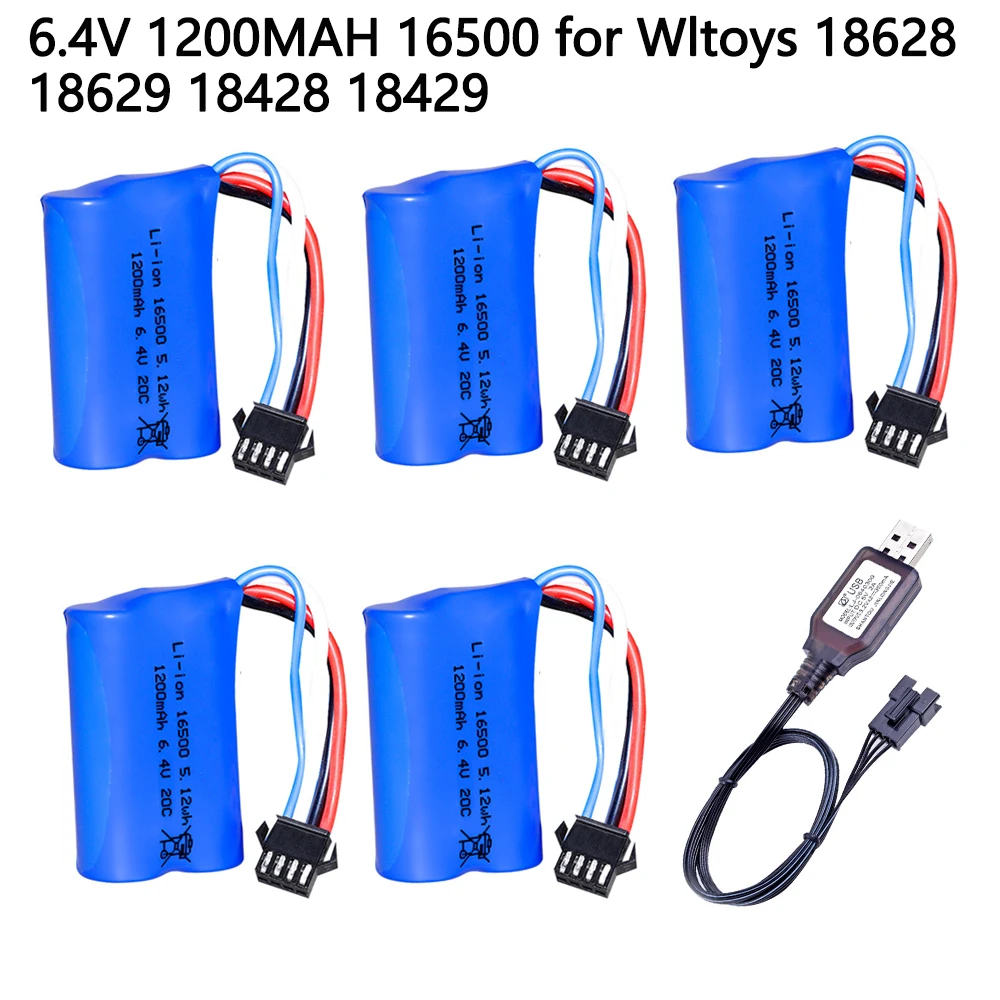 

6.4V 1200mah Li-ion Battery 16500 SM-4P Plug with USB charger For Wltoys 18628 18629 18428 18429 1/18 RC Car RC Truck toys parts