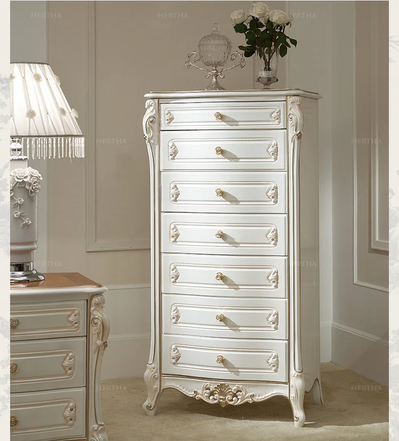 

French court style seven chest cabinet solid wood European pearl white locker