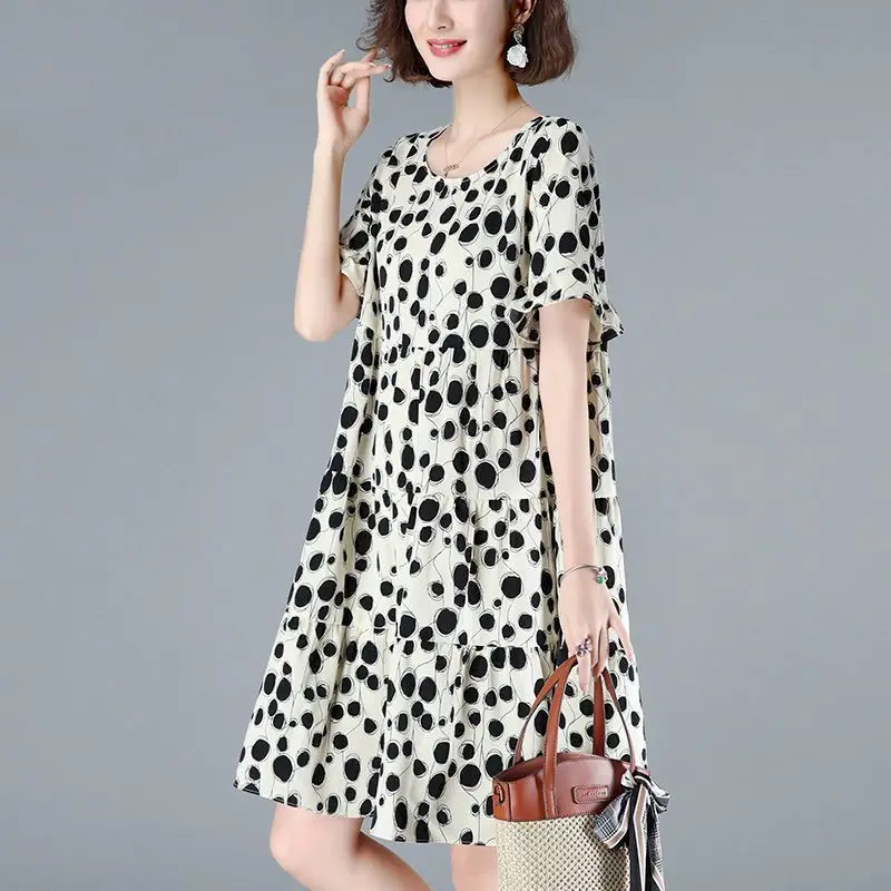 

Cotton Linen Dresses Women Fashion Circle Dot Printed Dress Korean Loose Oversized Dresses Y2k Summer Short Sleeve Thin Dress