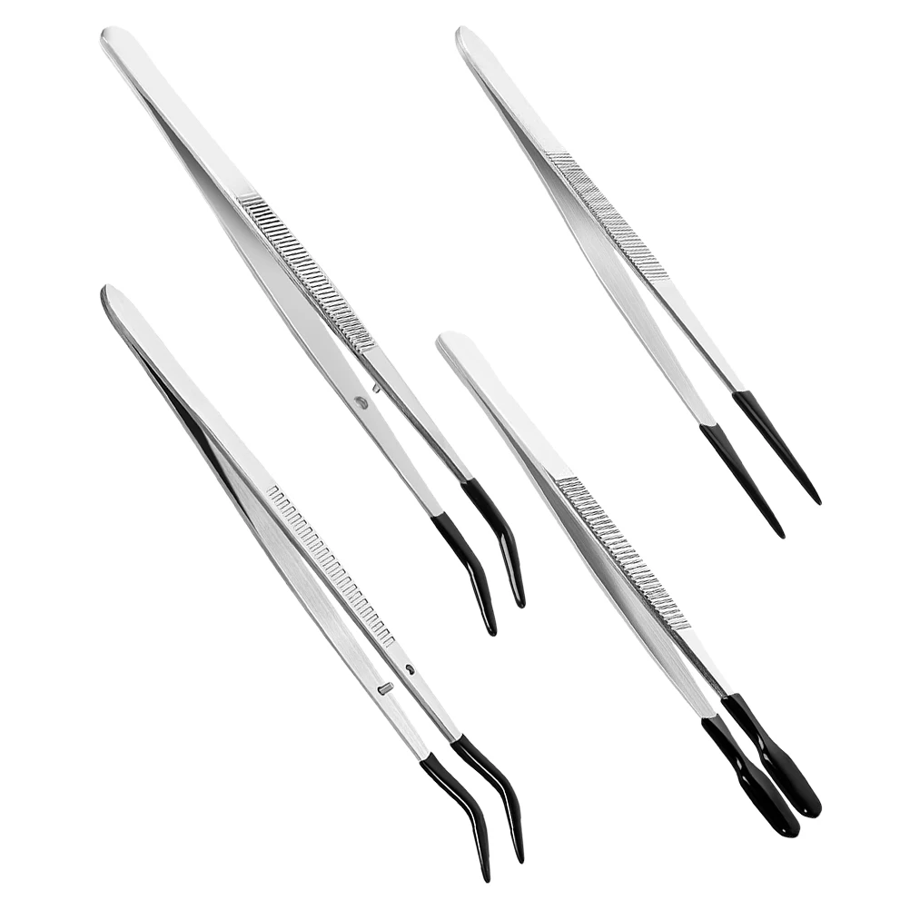 

4pcs Anti-slip Tweezers Stainless Steel Silicon Tip for Stamps Coins Eyelashes Crafting Black Metal Pickup Tools