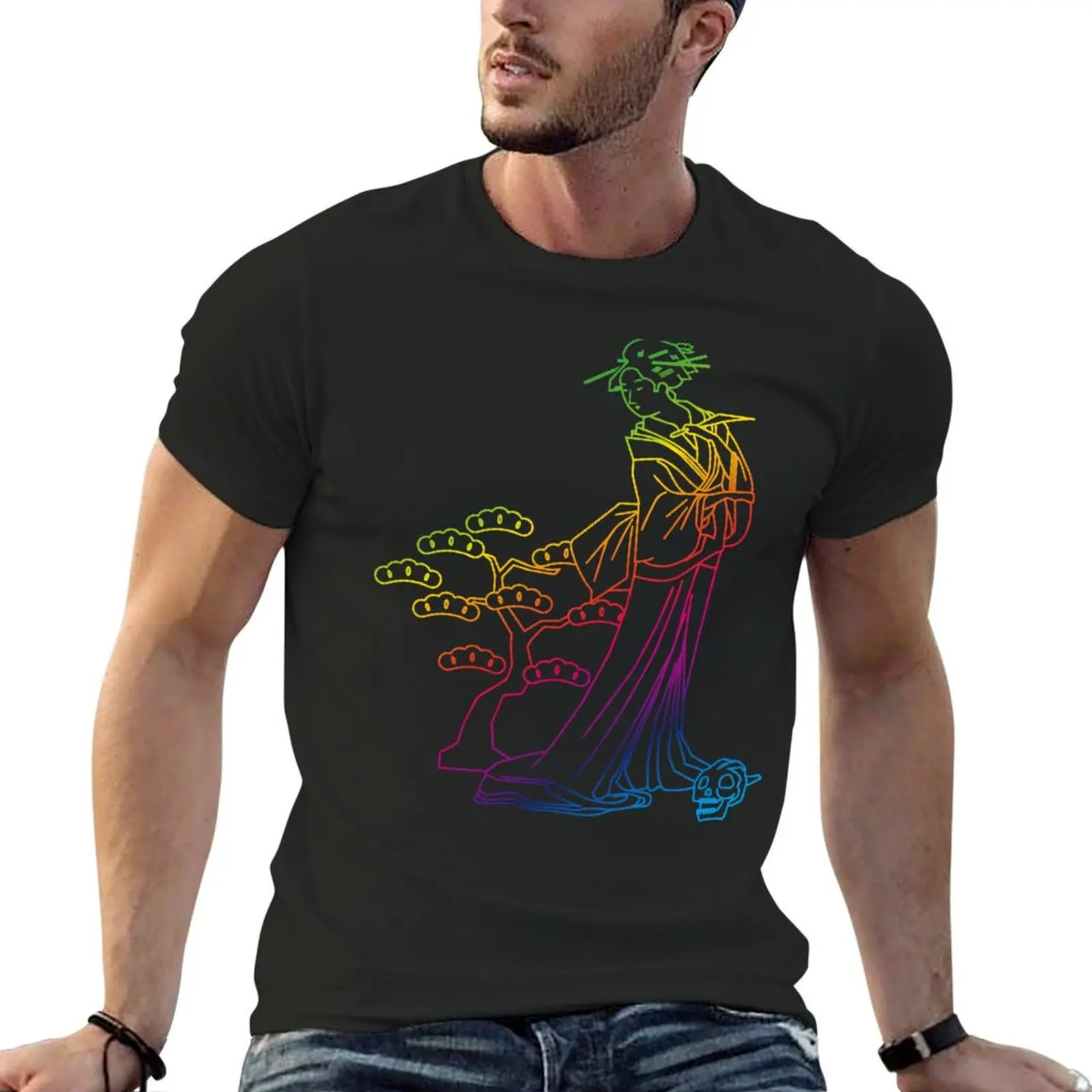 Camiseta de GEISHA de la muerte para hombre, ropa de talla grande, camisas gráficas, camisetas negras, Vector RAINBOW, 083