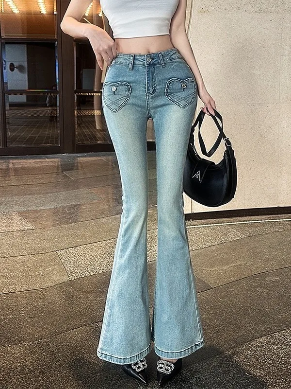 

Korean Style Spring New Fashion Slim Fit Cheek Raising Light Blue Heart Pocket Flared Jeans High Waist Button Closure Cotton ...