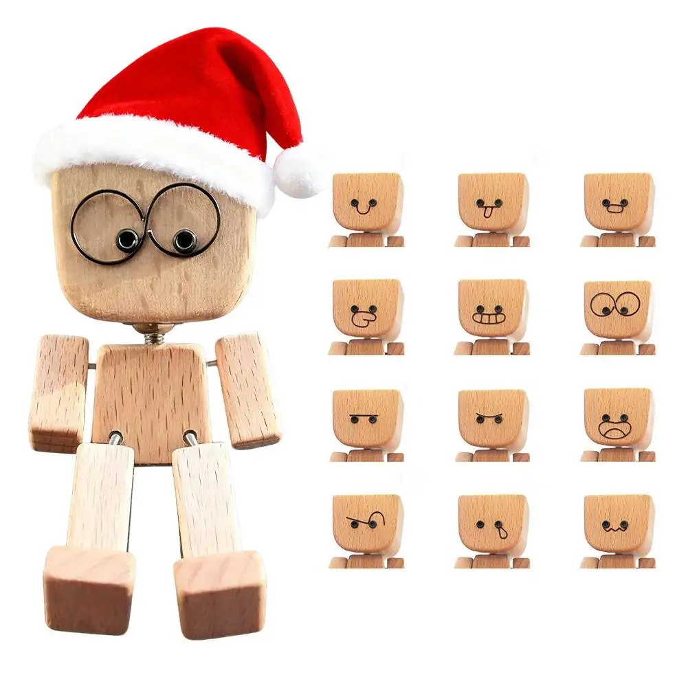 Christma Shaking Man Statue Wooden Man Figurines With 12 Replacement Expression Unique Car Dashboard Decoration Desktop Ornament