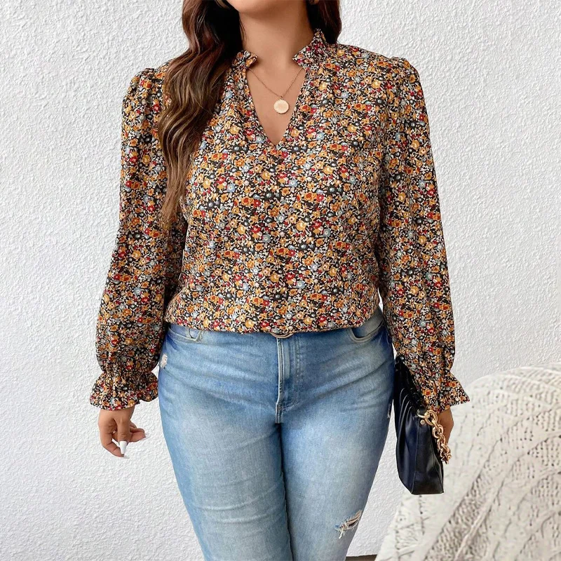 

Plus Size Women's Shirt, Flower Print V Neck Long-Sleeved Top, Loose Fit, Elegant Design, Fabric Soft, Vacation Casual Shirt