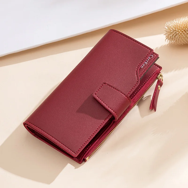 Women's Long Wallet Tri-Fold Zipper & Buckle Clutch Bag Large Capacity PU Leather Purse with Multi-Card Slots for Daily