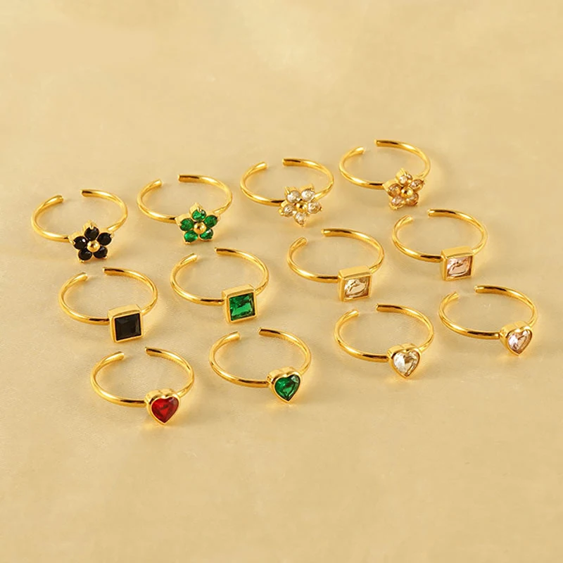 

10Pcs Fashion fashion Accessories Stainless Steel 18K Gold Plated Heart Square Flower Cubic Zirconia Rings for Women