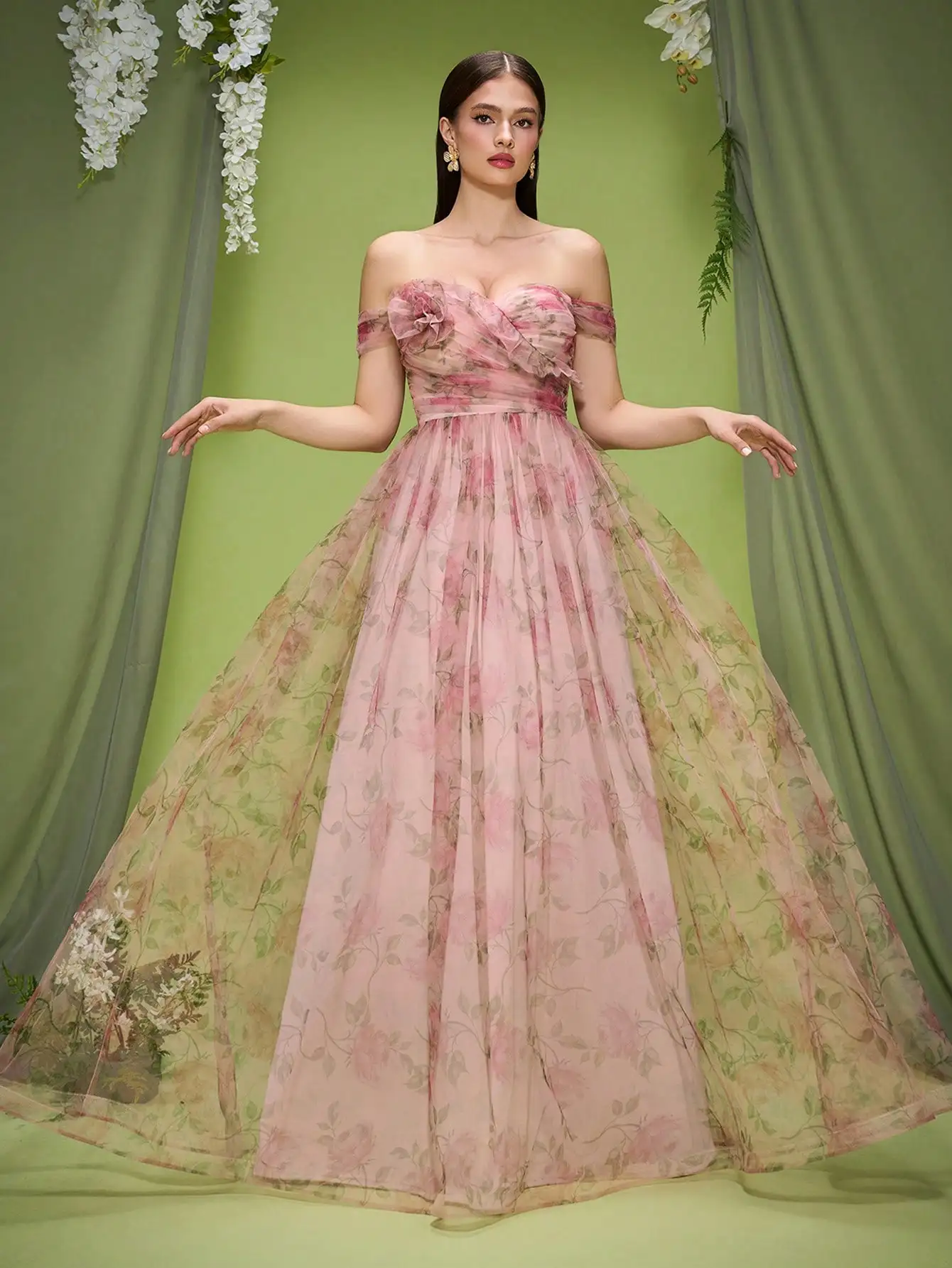 Mgiacy,มาใหม่,ปิดไหล่,โรแมนติก,ตาข่าย,พิมพ์,3D ดอกไม้,ชุดเพื่อนเจ้าสาว,Ruched,Elegant,ชุดยาว