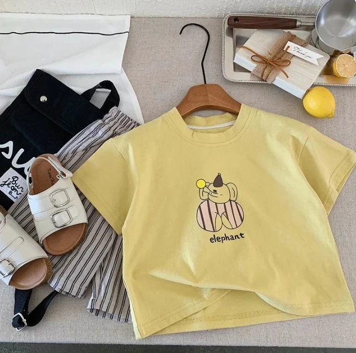 Soft Cotton Short Sleeve T Shirt For Kids Elephant Ice Cream And Bird Graphics Perfect For Casual Outings And Playtime Baby Tees
